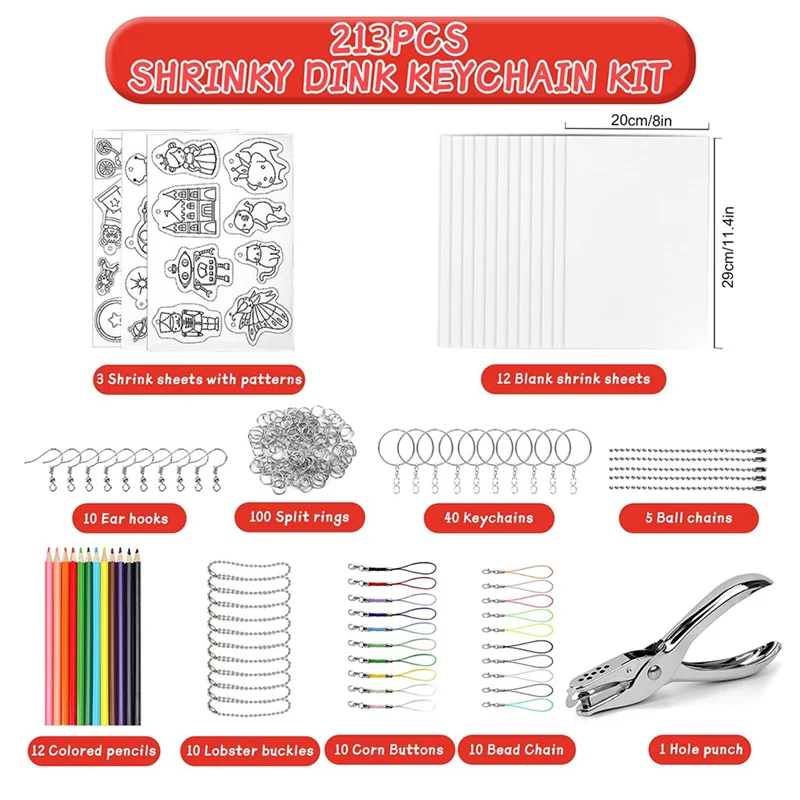 GOOD-213PCS مجموعة سلسلة مفاتيح من صفائح الانكماش الحراري مع 12 قطعة من أوراق الانكماش، 3 قطع من الورق المقلي مع نمط، أقلام رصاص ملونة