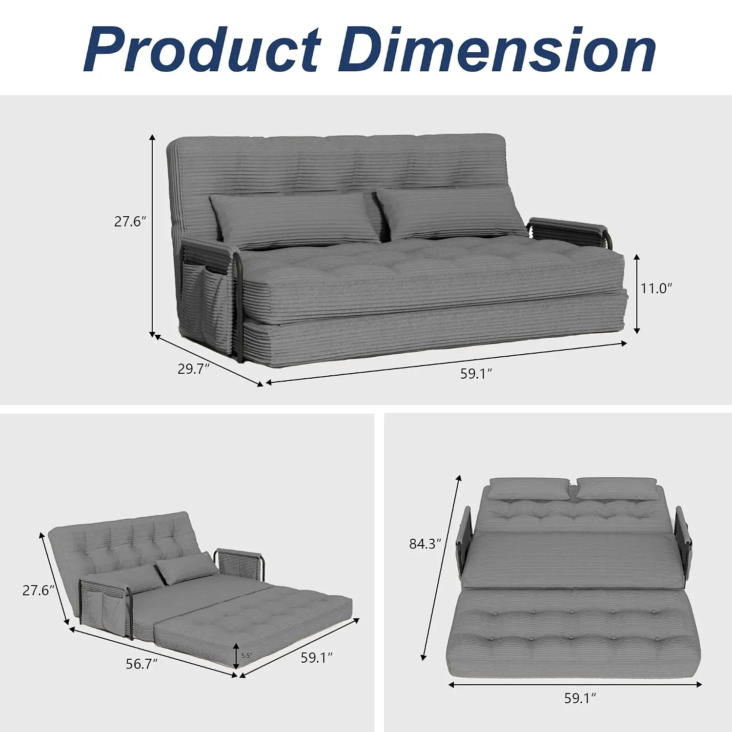 Convertible Folding Sofa Bed 3-in-1 Boneless Sleeper with Pillow & Side Pocket High-density Foam Living Room Double, Customized