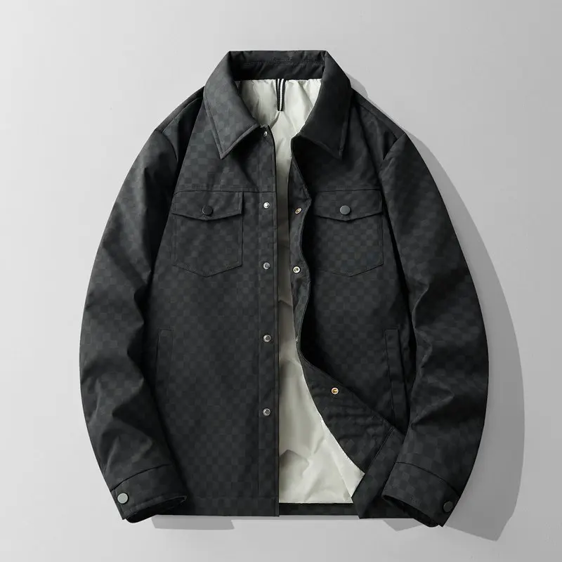 Men Lapel Shirt Style Down Coat Dark Checkerboard Pattern Windproof Warm Puffer Jacket Casual Winter Street Outerwear