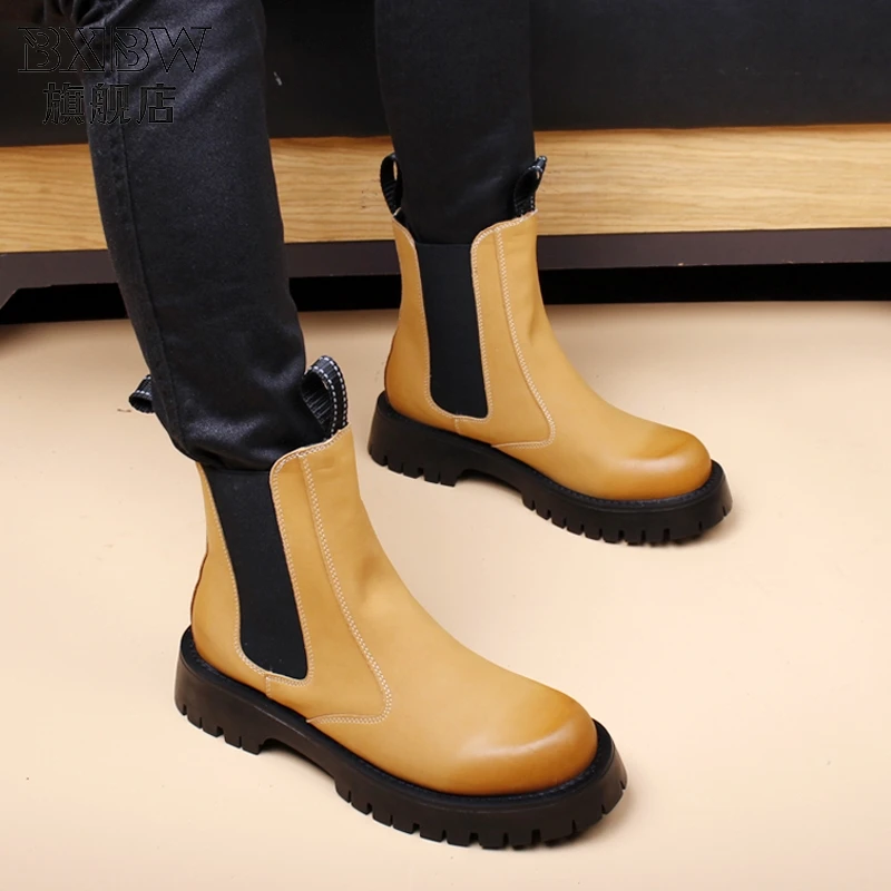 England style mens leisure stage night club wear platform boots original leather shoes cowboy chelsea boot handsome short botas