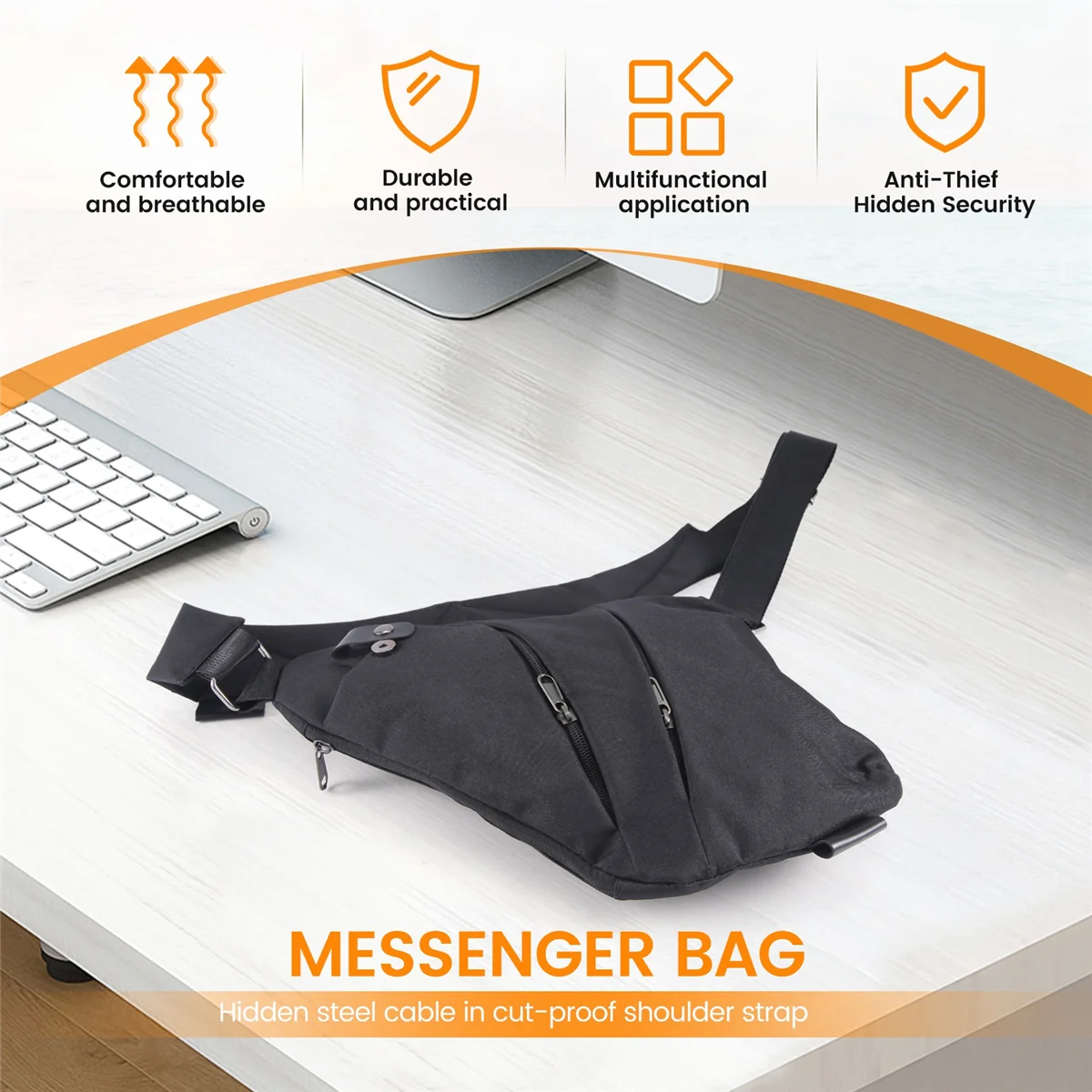 ABQR Borsa a tracolla sottile antifurto, borsa a tracolla multiuso per uomo donna viaggi all'aperto (nero)