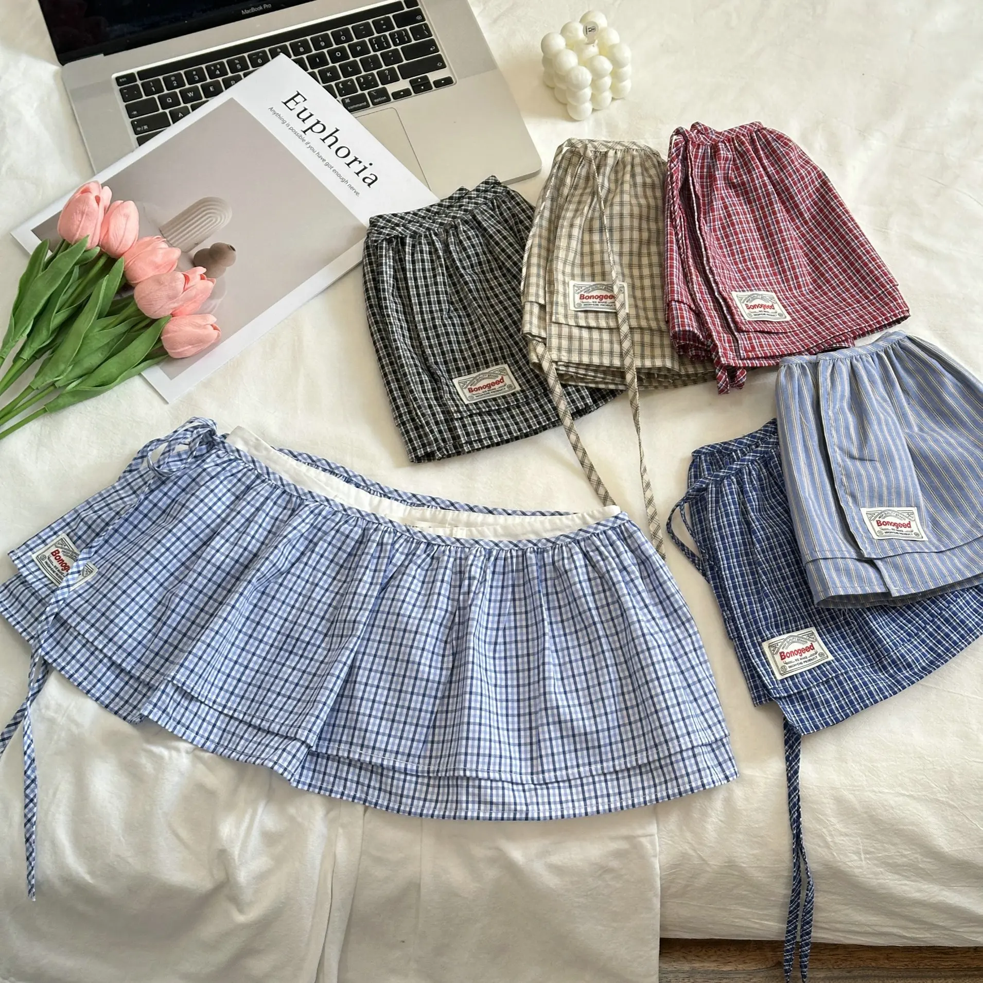 

Korea Style 2025 New Fashionable Retro Lace-up Plaid Decorative Double-Layer Fart Curtain Cotton Skirt Women's Fashion Skirt