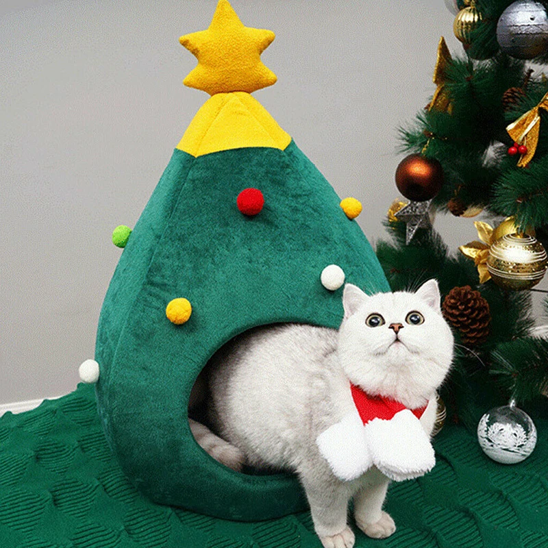 Exquisite Workmanship Cat Beds House Soft Nest Christmas Tree Shape Pet Bed Semi-closed Cat Cave Tent Litter Home Pet Products