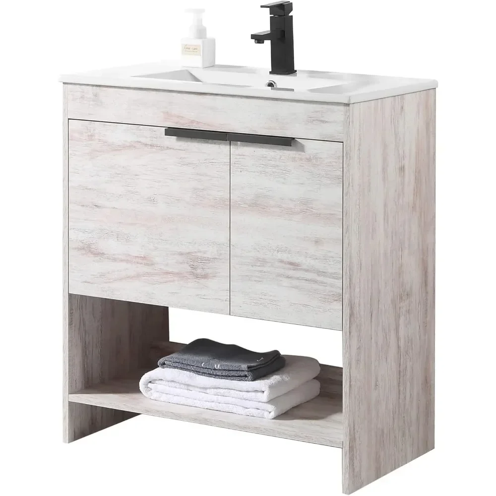 Bathroom Vanity with Integrated Ceramic Sink - Bathroom Vanity with Sink & Modern Knob Design with Sturdy Marble Top (30 Inch)