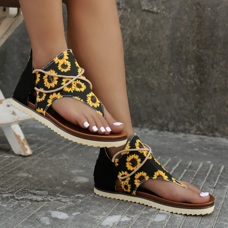 

2025 New Casual and Comfortable Sandals for Women Dressy Ladies Summer Casual Printed Flat Clip Toe Big Size Zip Sandals