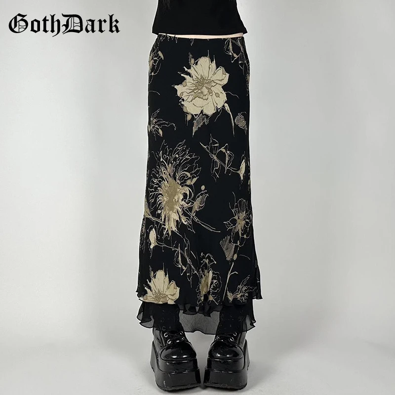 Gotycka, mroczna estetyka Y2K, dwuwarstwowa spódnica z siateczki w kształcie litery A, damska moda, kwiatowy nadruk, dopasowane spódnice, wróżkowy streetwear, gotyckie doły.