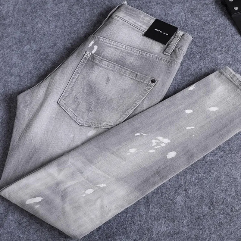 

Designer fashion new autumn men's jeans scratch washed nostalgic stretch slim fit retro gray jeans high street hip-hop brand pan