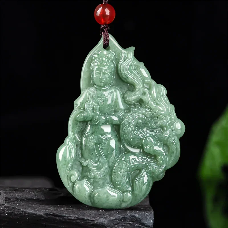 

Jia Le/Hand-Carved/Natural Jade Auspicious Dragon Guanyin Emerald Necklace Pendant Fine Jewelry MenWomen Accessories Amulet Gift