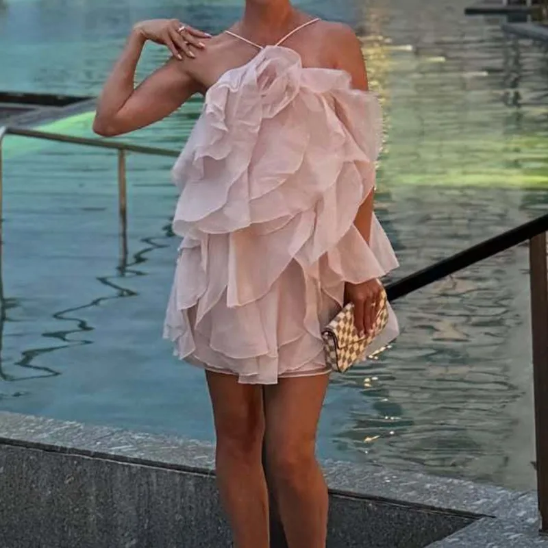 

Three Dimensional Flower Hanging Neck Bareback Lotus Leaf Edge Long Short Dress For Women Summer Gentle Stacked Lace Cake Skirt