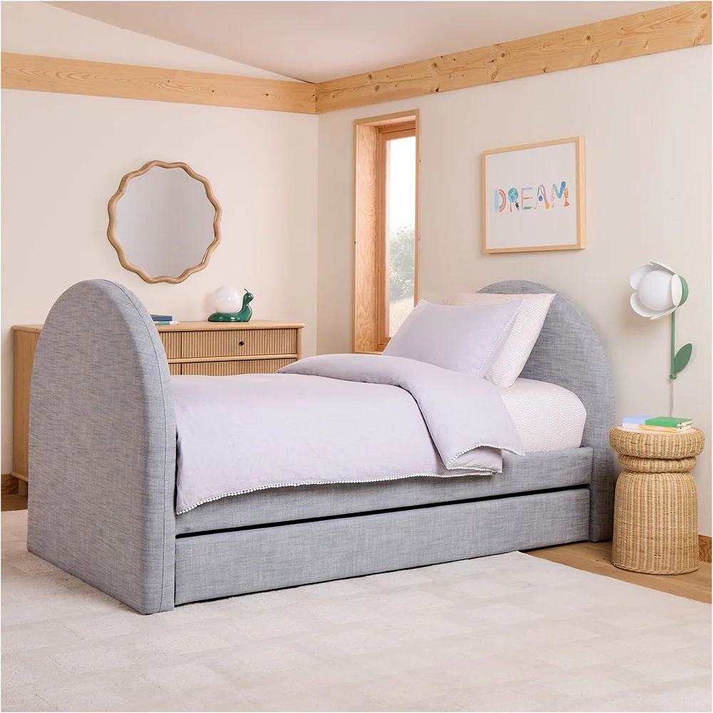 Custom Modern Upholstered Twin Size 2 Layer Platform Bunk Bed with Soft Headboard Wood Kid Bedroom Home Children Furniture Set