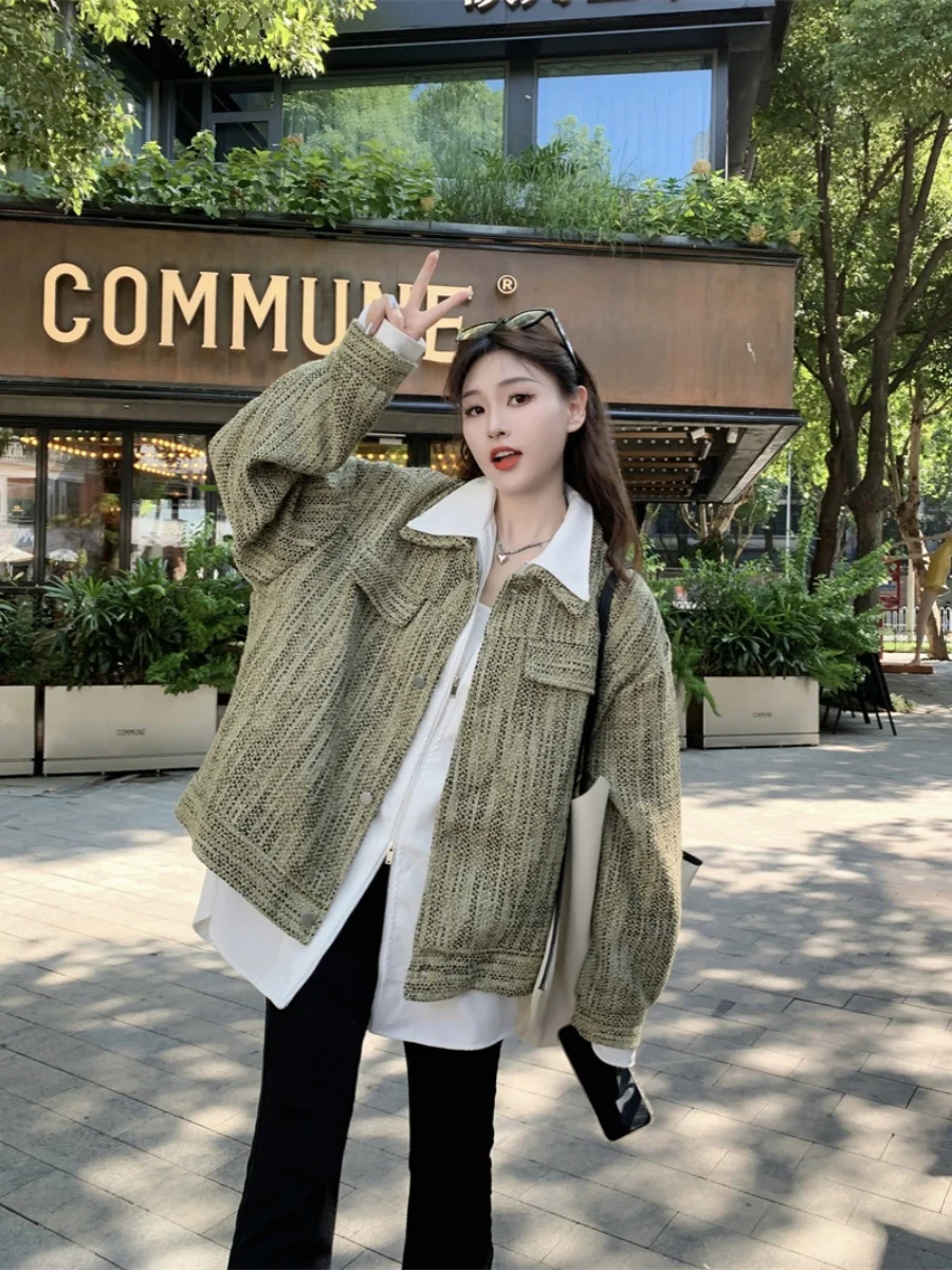 

plus Size Women's Korean Sle Loose Fit Slimming Patchwork Jaet Autumn Design Sensation Small Fraance Sle Top Trendy