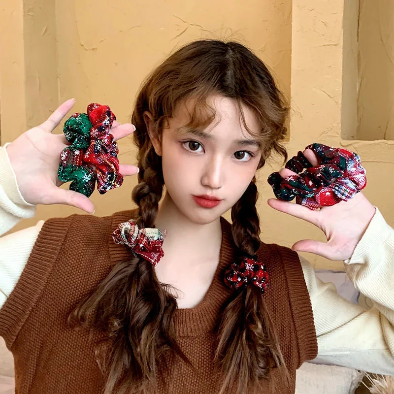 레트로 크리스마스 눈송이 패브릭 헤어 로프 여성용 패션 하이 포니테일 헤어 타이 소녀용 머리카락 손상 없는 스크런치