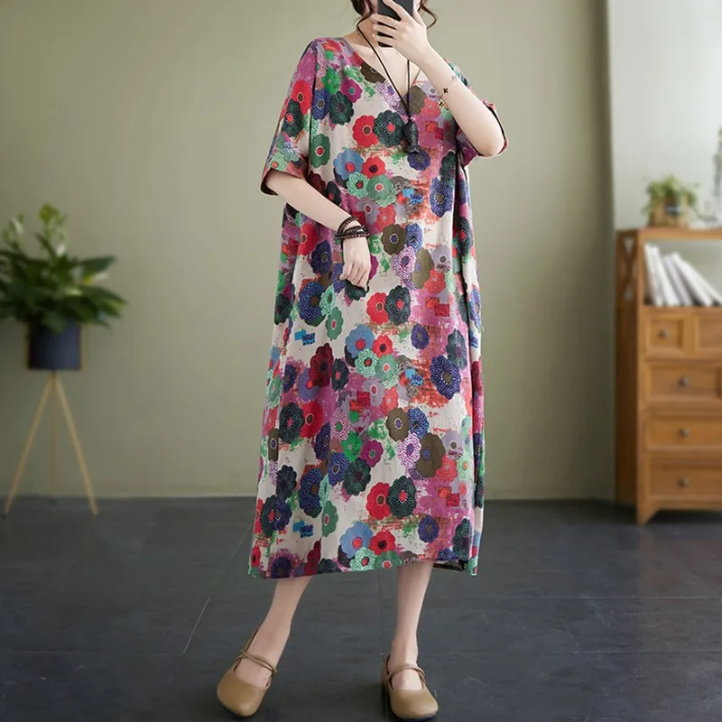 

Women Summer Casual Dress New Arrival 2024 Vintage Style V-neck Floral Print Loose Female A-line Long Dresses W1830