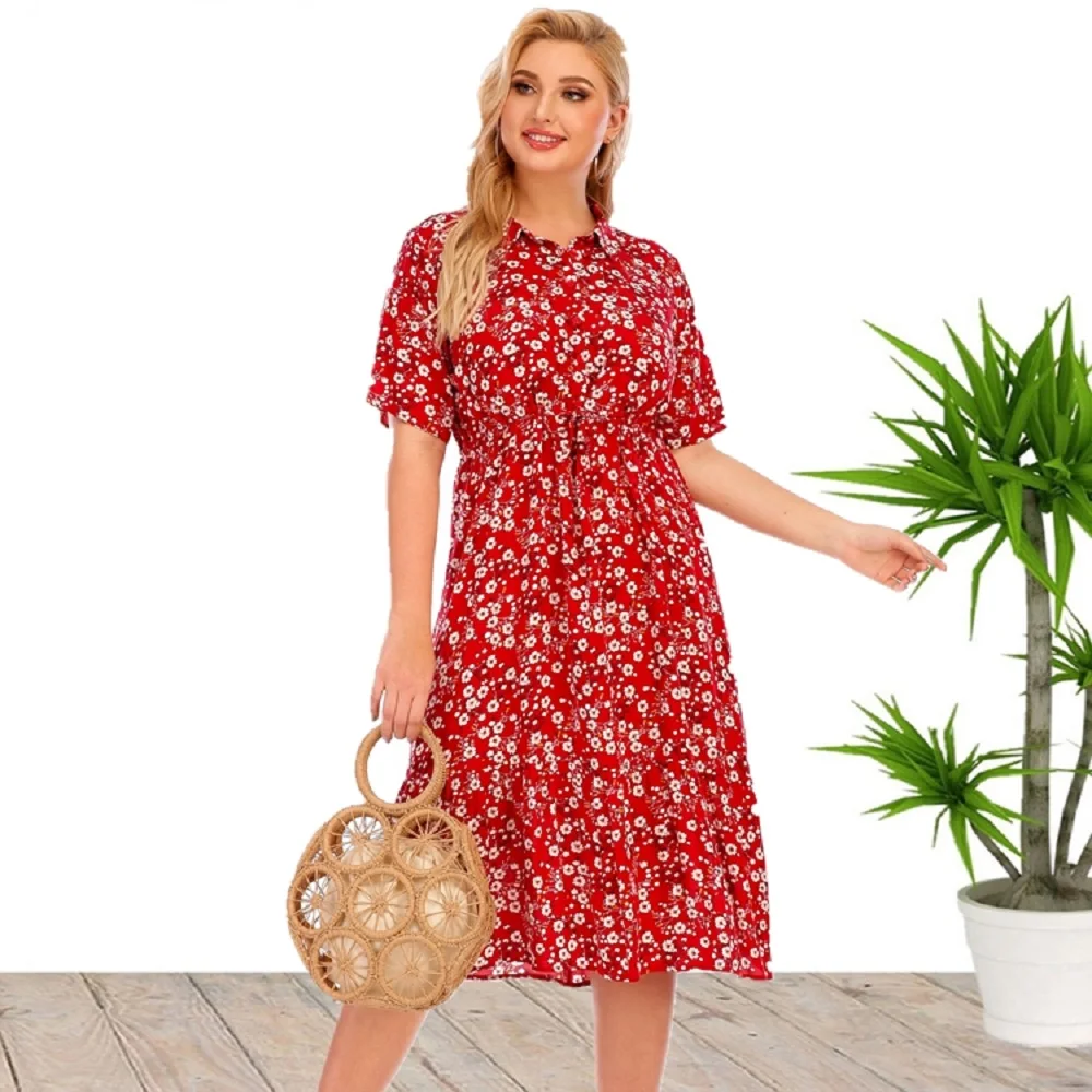 Plus Size New Arrival gorąca wyprzedaż z krótkim rękawem w szpic casualowa letnia wiskozowa sukienka Mide dla dużych kobiet