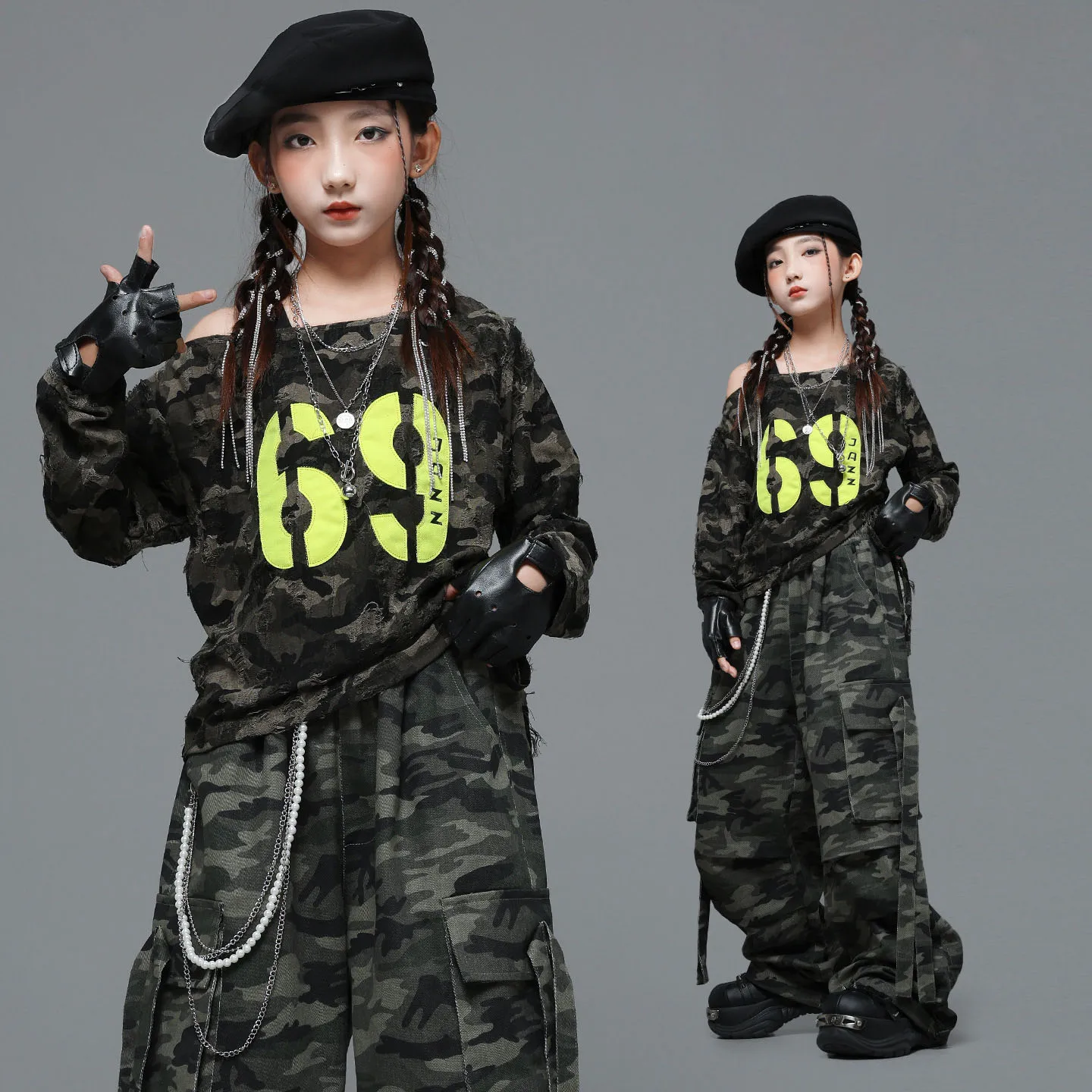 

Kid Kpop Hip Hop Clothing Camo Strap Ripped Long Sleeve T Shirt Street Parachute Cargo Pants for Girl Boy Dance Costumes Clothes