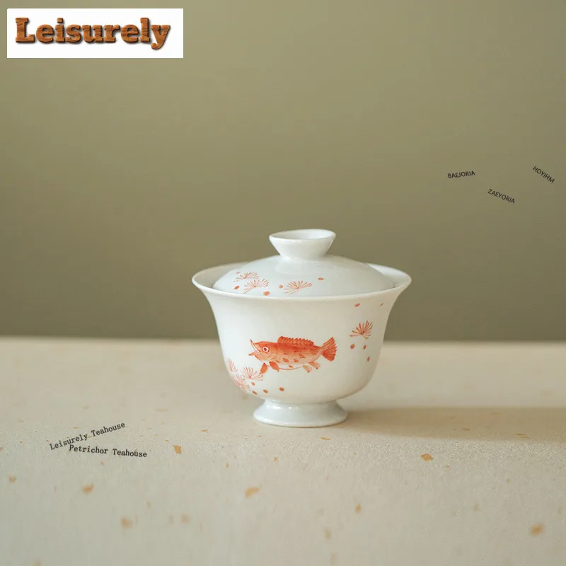 HOYIHM 100ml Plant Ash Hand-painted Red Fish Gaiwan Boutique Tea Tureen Tea Bowl With Lid Kit Tea Maker Cover Bowl Accessories
