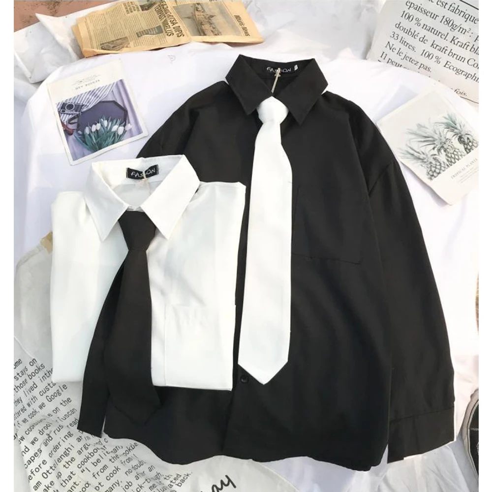 Black White Shirts With Tie Button Up Shirt Long Sleeve Blouse Pockets Streetwear Office Outfits Korean Clothing Casual Top 2022