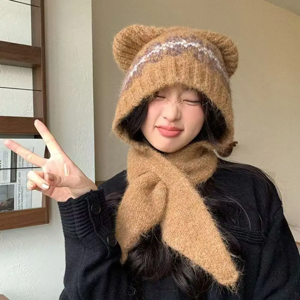 لطيف معرض جزيرة نمط الجاكار محبوك قبعة الصوف مبطن العرقية نمط الطباعة قبعة متماسكة الكورية لطيف الدب آذان بيني الخريف #2