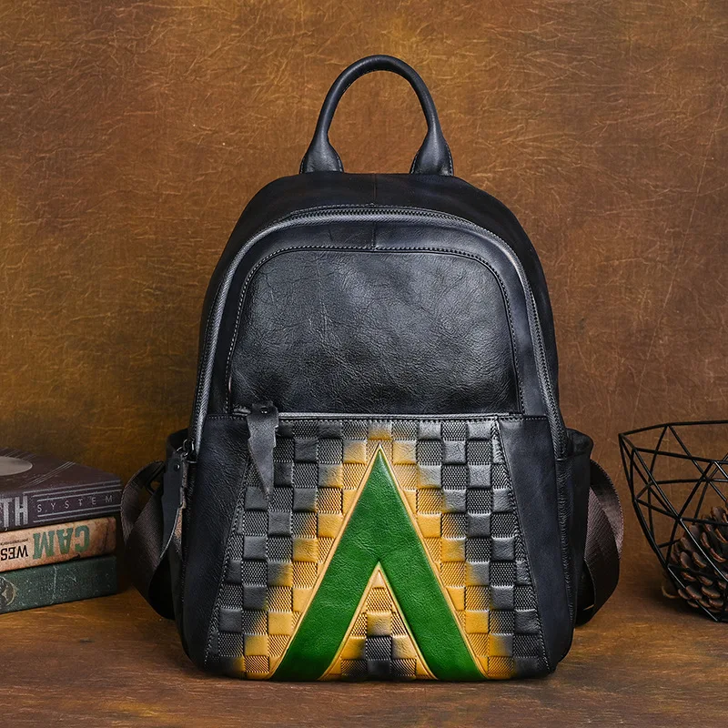 Chinese Style Cowide Vintage Women Backpacks Large Capacity Embossing Leather College Student Schoolbags Travel Daily Mochilas