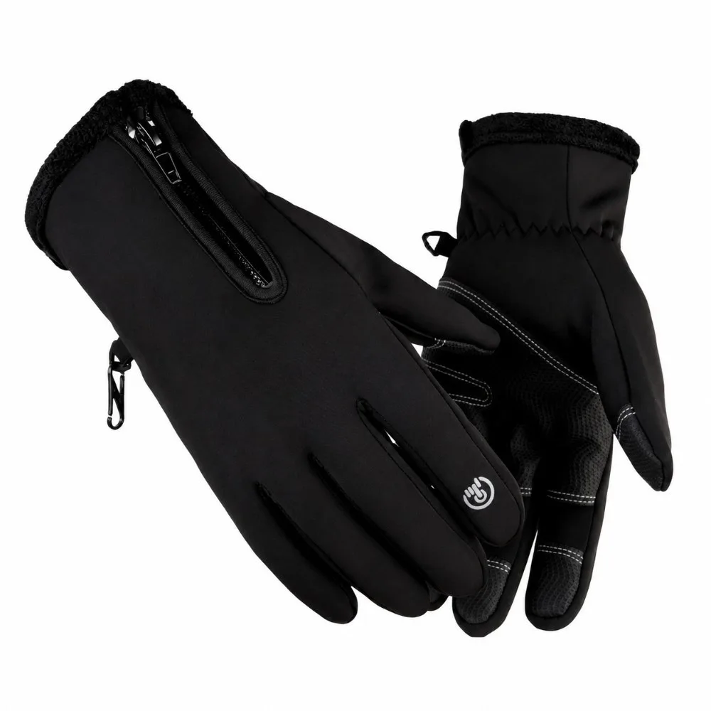 Waterproof Men's Black Winter Gloves Touch Screen with Zipper Thermal Cycling Gloves Windproof Elastic Cuff Winter Sports Gloves