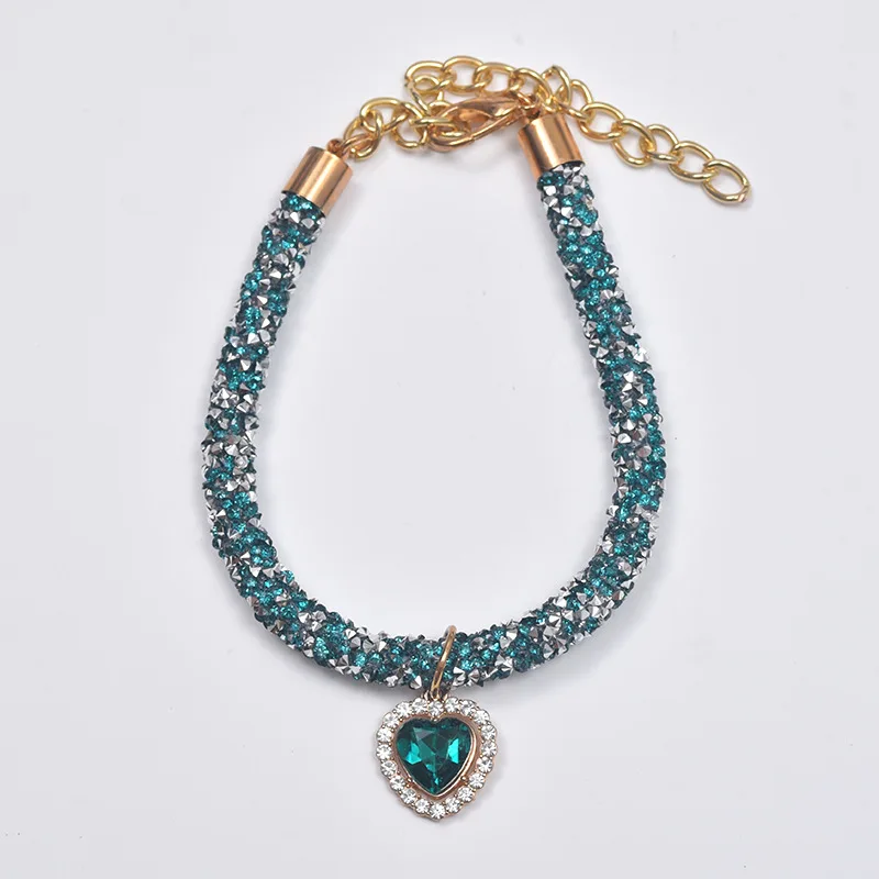Bling Crystal Chain Heart Gem Pendan Pet Collar Handmake Adjustable Necklace Puppy Dog Cat Pet Accessories