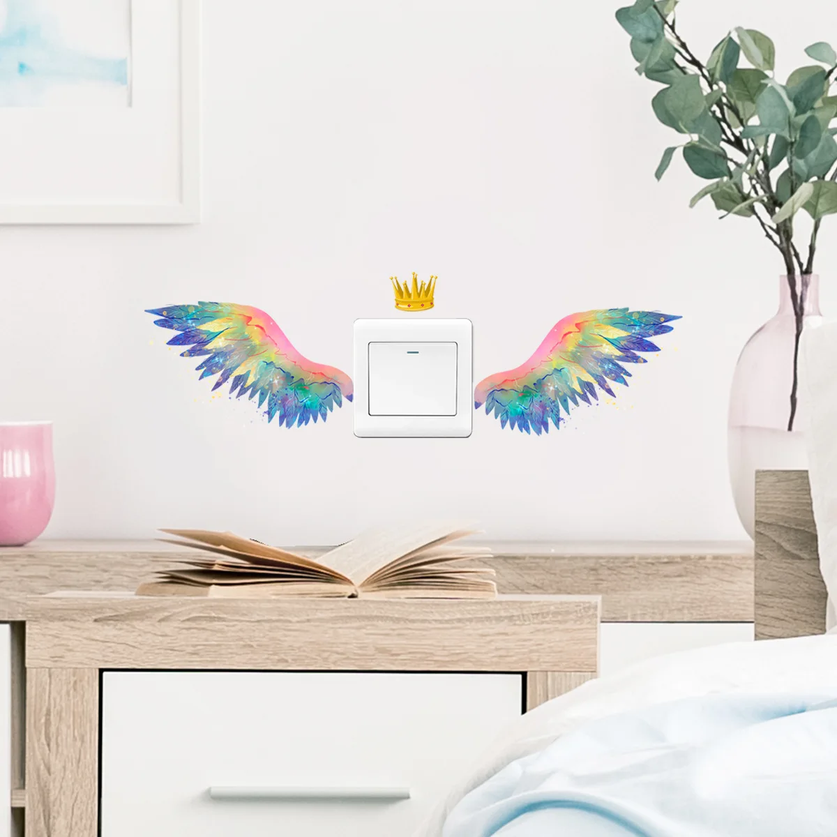 T70# Colorful Wings Crown Light Switch Phone Wall Stickers For DIY Home Decoration Cartoon Animals Decals PVC Mural Art