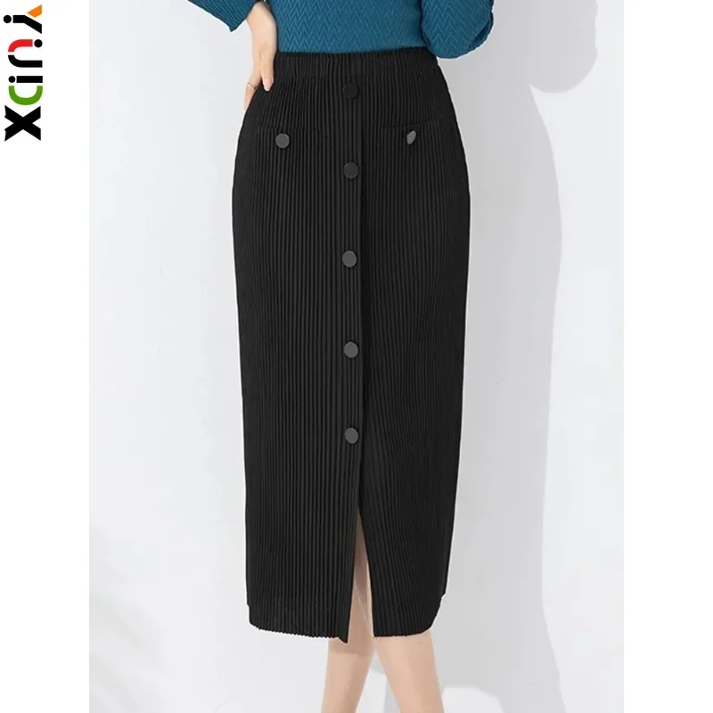 

YUDX Miyake Pleated Skirt Women Single Breasted High Waist Solid Color New 2023 Autumn Solid Color Female Clothing Straight