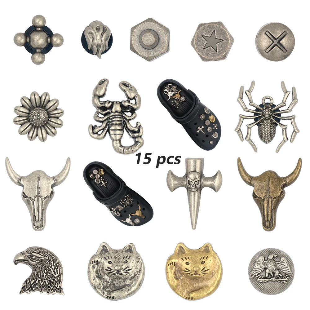 1 Set Golden Silvery Animals Metal 15 Pcs Shoe Accessories Charm Kitten Eagle Buffalo Punk Style Shoe Decorations Adornos