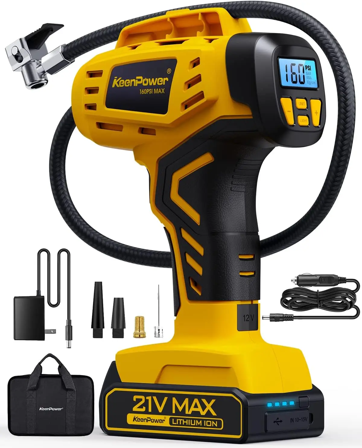 Portable Air Compressor Tire Inflator 160PSI - Fast 21V Rechargeable Dual Power for Car Motorcycle E-Bike