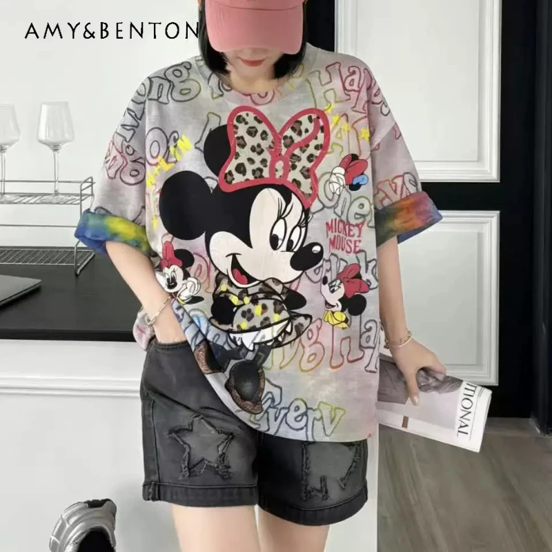 

2026 Summer New European Fashion Tie Dye Cartoon Tees Tshirts Women's Loose Oversized Round Neck Casual Trendy T-shirt Pullover