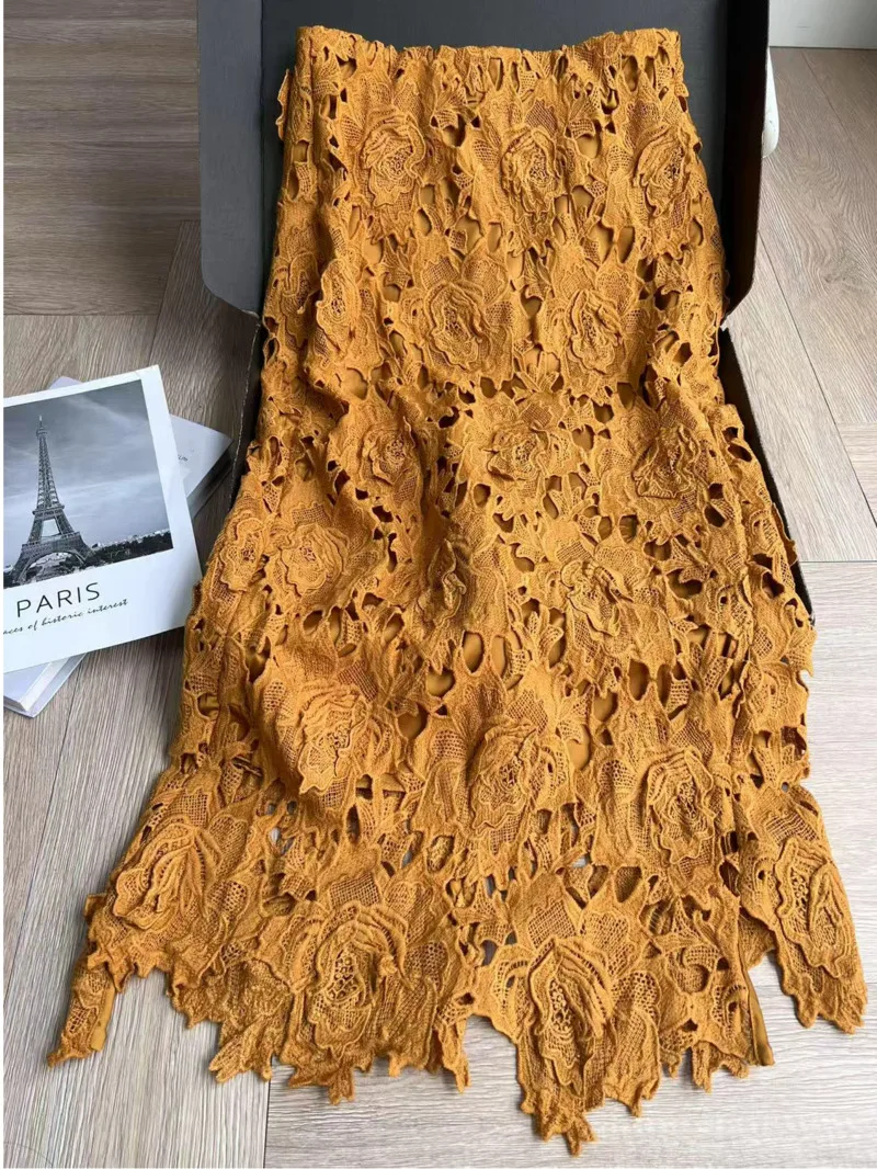 Elegant Lace Asymmetrical Skirt Women Vintage Y2K Boho High Waist Hollow Mesh Patchwork Layered Maxi Skirts Lady Holiday 4G3W