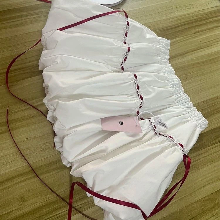 White A-Line  Skirt Women's Summer 2025 New Style Trendy Flower Bud Puffy Skirt High Waist Short Length Polyester Fiber