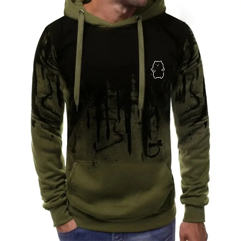 سويت شيرت رجالي بقلنسوة باللون الأخضر الزيتوني مطبوع عليه شعار الدب كاجوال ملابس الشارع للارتداء اليومي والأنشطة الخارجية