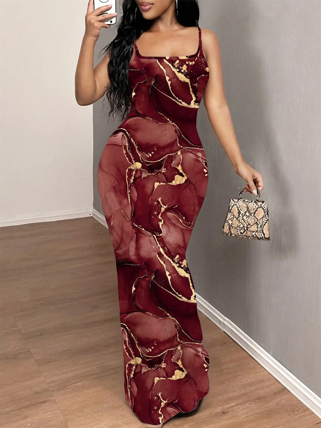 

Burgundy Marble Print Slip Maxi Dress with Gold Accents, Bodycon Fit for Evening Out