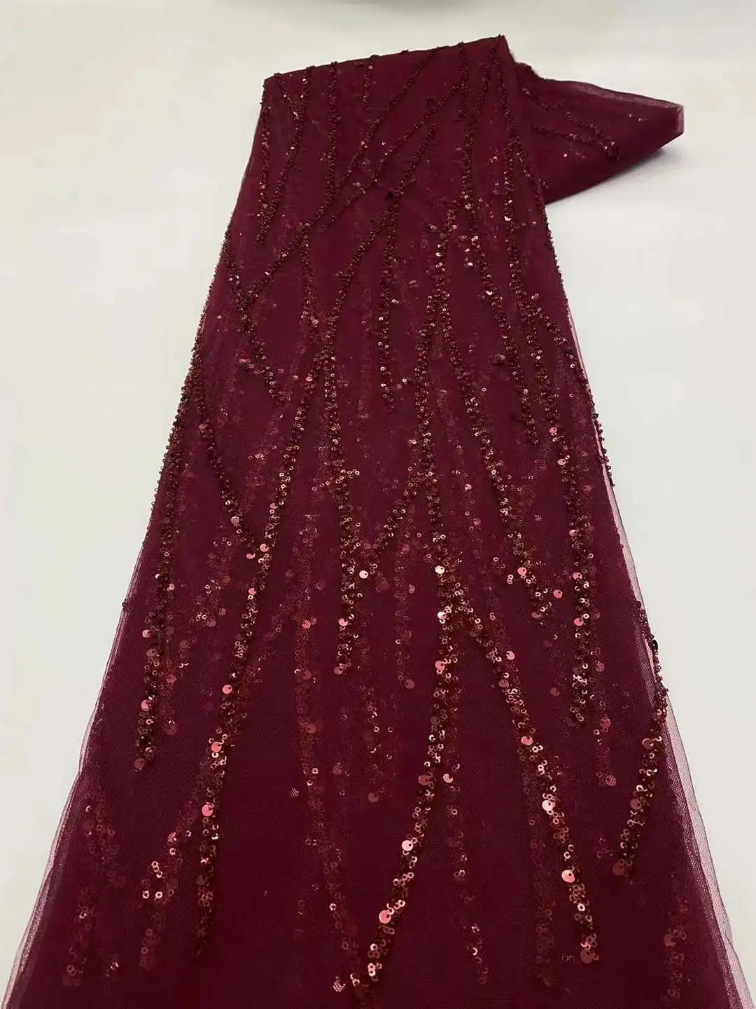 

Nigerian Design Wine Red Net Lace Fabric 2022 High Quality French Sequin Embroidered Tulle Fabric For Wedding Bridal Dresses Sew