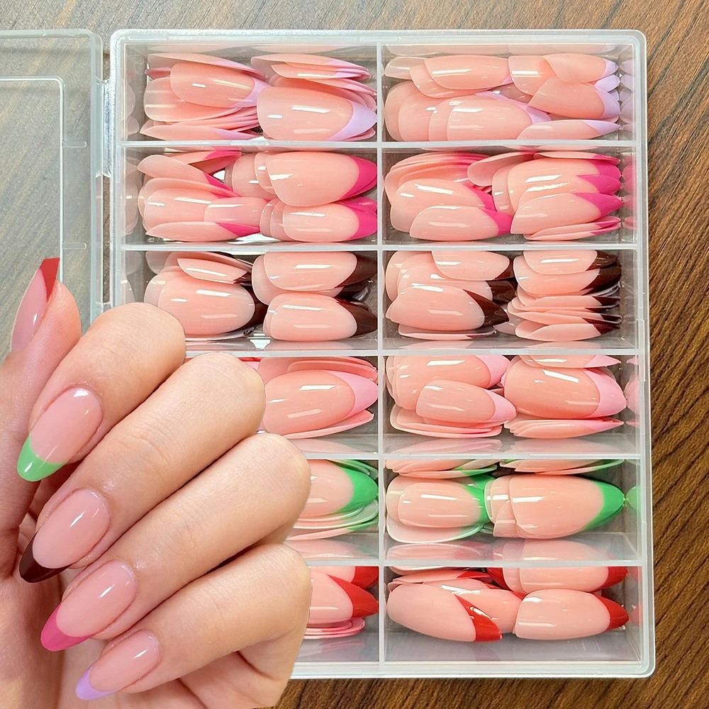 

288PC Medium Almond Press On Nails 6Colors Classic French Point Tip Glossy Nude Full Cover False Nail Wearable Acrylic Fake Nail