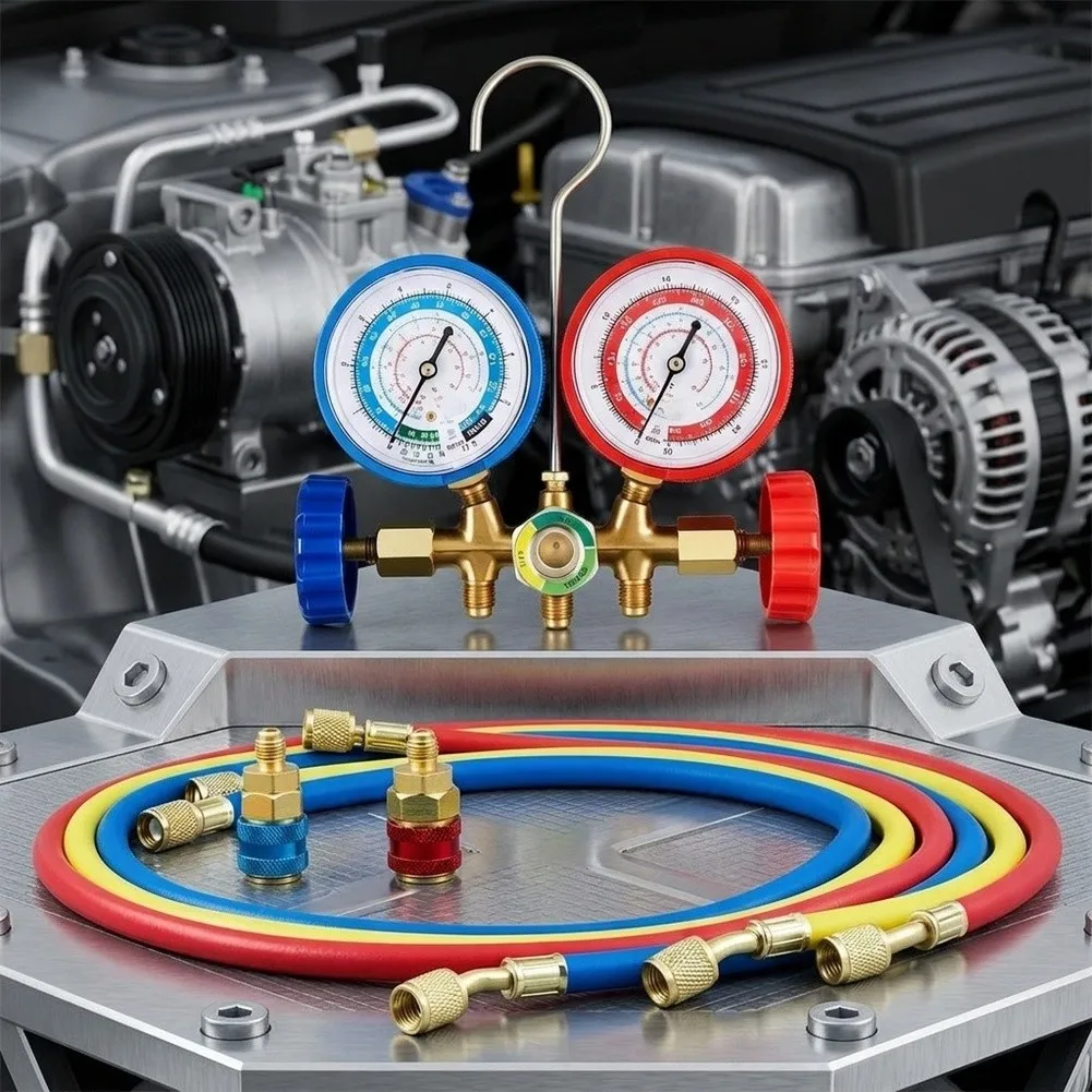 Automotive HVAC Manifold Gauge Set with Built-in Sight Glass and 3-Way Hose Setup for R502 R134a for r12 for r22 System Pressure