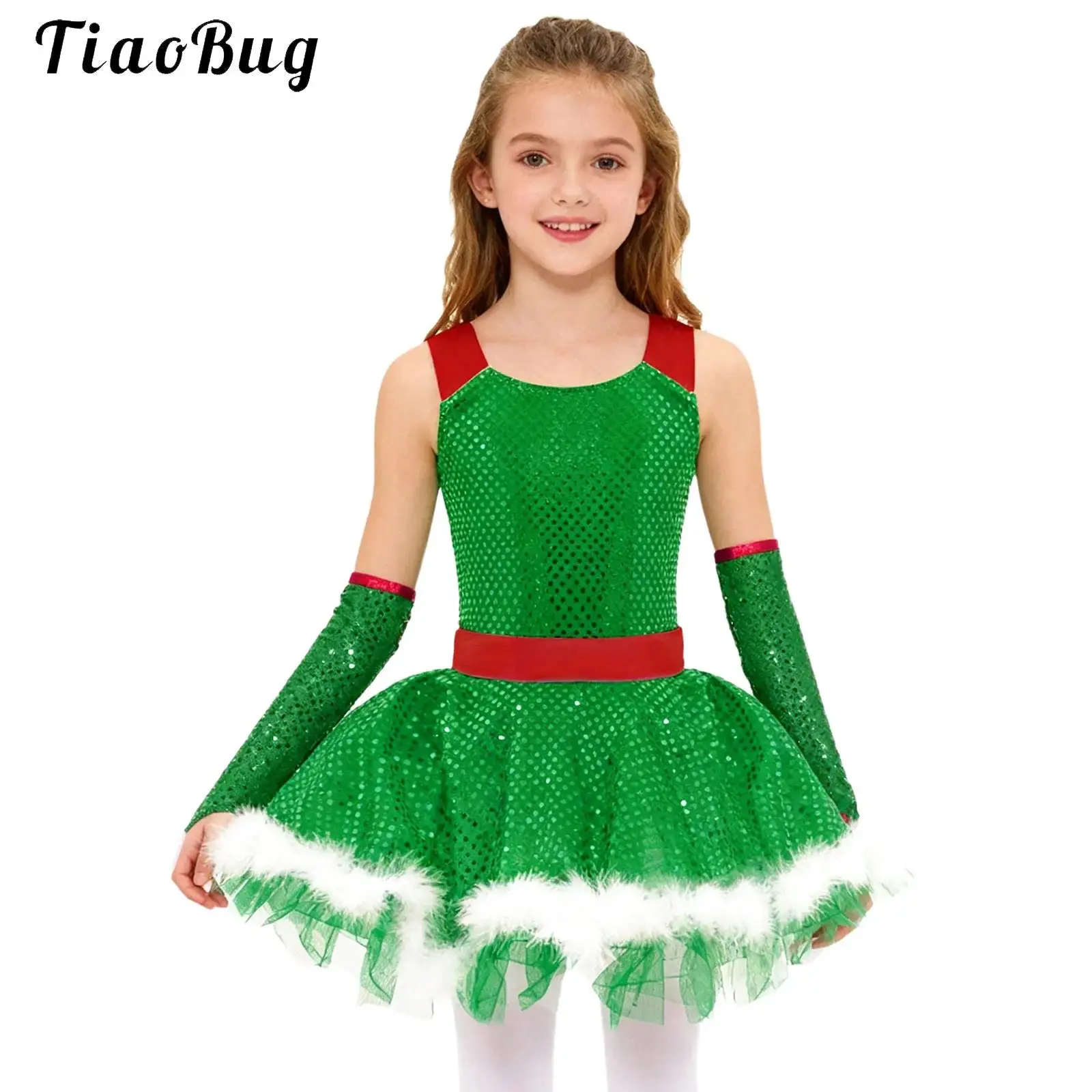 

Girls Sequins Christmas Santa Clause Costume Xmas Party Ballet Tutu Dress and Oversleeves Set Skating Performance Dancewear