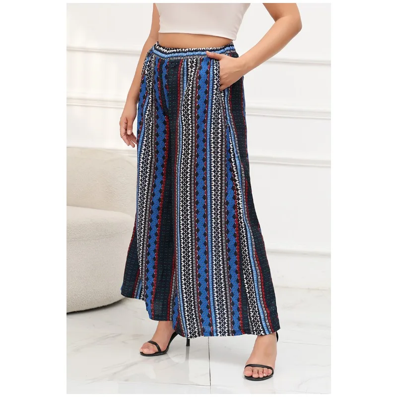

Tinaa Bohemian Plus Size Pants Women Striped Loose Fit 2025 Beach Elastic Waist Pockets Wide-leg Pant Women's Clothing 210