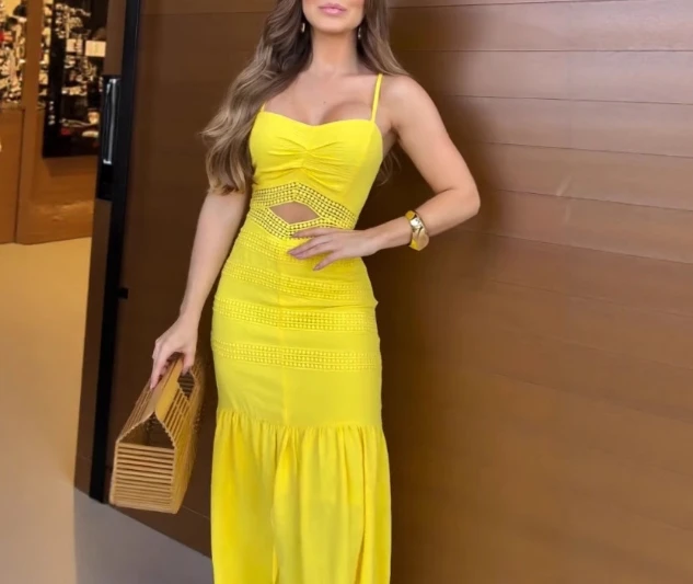 

Womens Dresses 2025 Summer New Temperament Hollow Waist Spaghetti Strap Solid Color Slim Fit Holiday Style Slit Long Dress