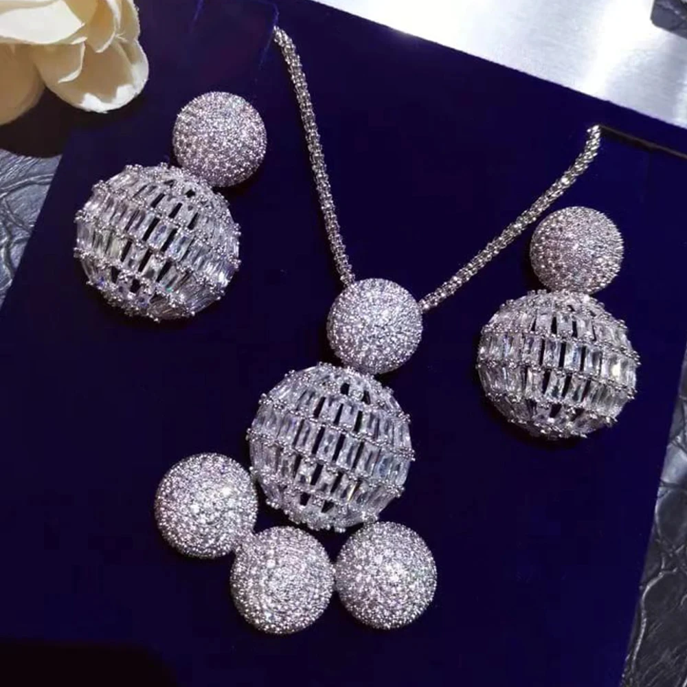 Missvikki Luxury 2PCS Disco Ball Pendant Necklace Earrings Jewelry Set Super Original Accessories for Women Bridal New Design