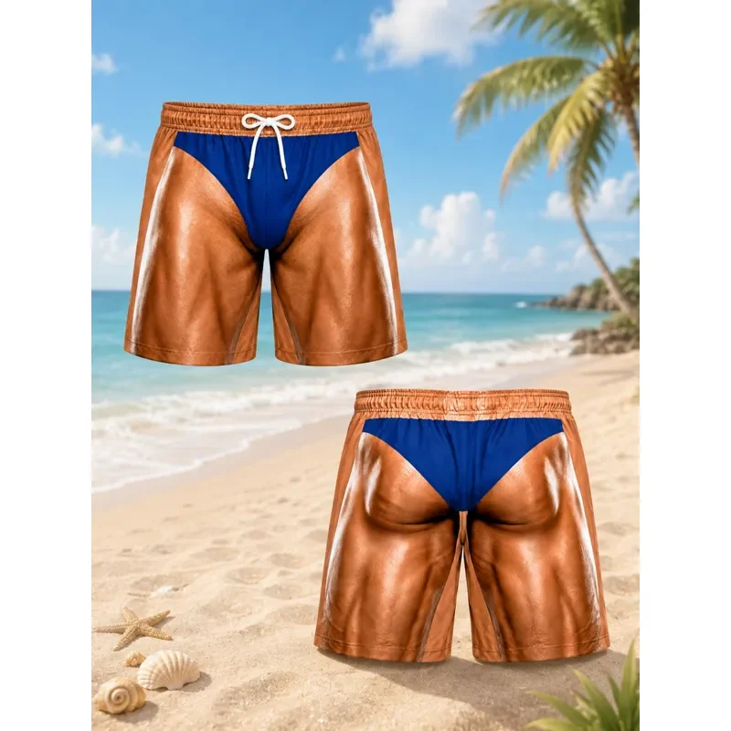 for Men Funny Visual Illusion Beach Shorts 3D Muscle Body Blue Brief Print Swim Trunks Novelty Fake Body Drawstring Board