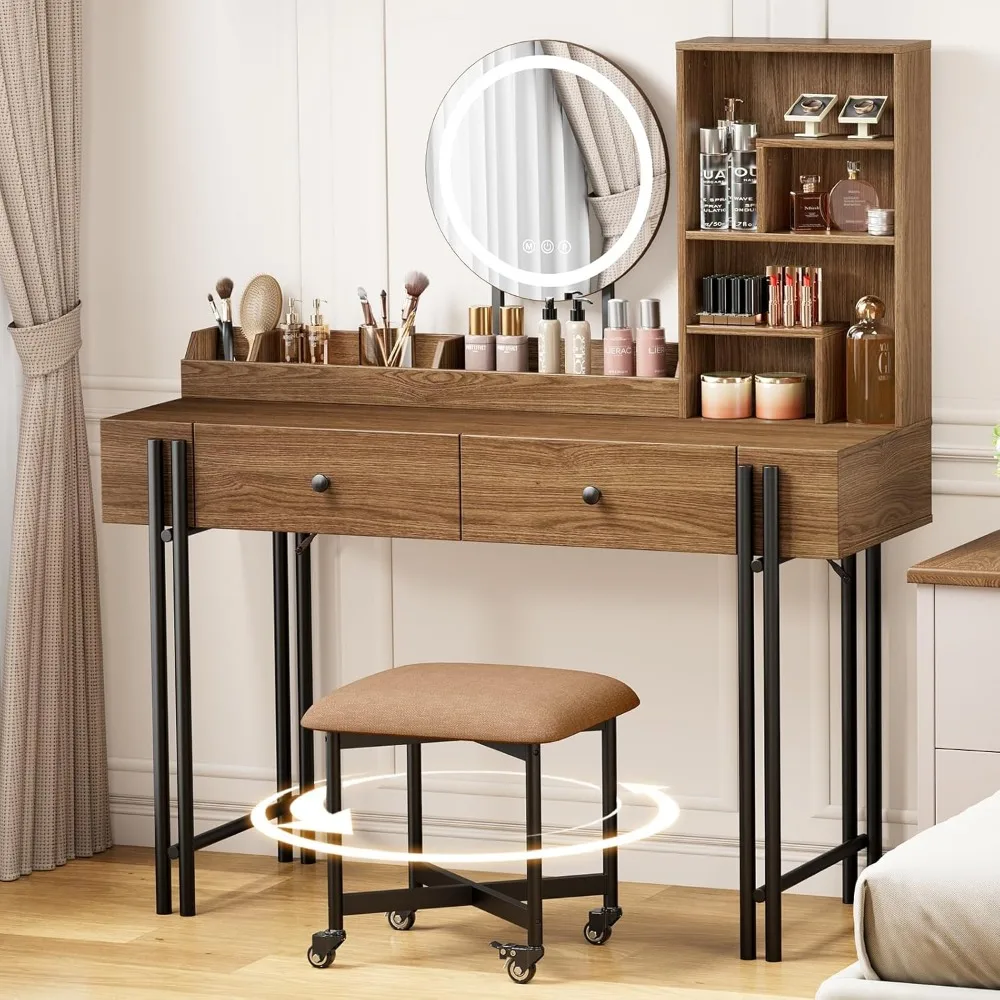 

47.2-inch Makeup Vanity, Vanity with Mirror and Light, Vanity Table and Chair Set, Bedroom Vanity