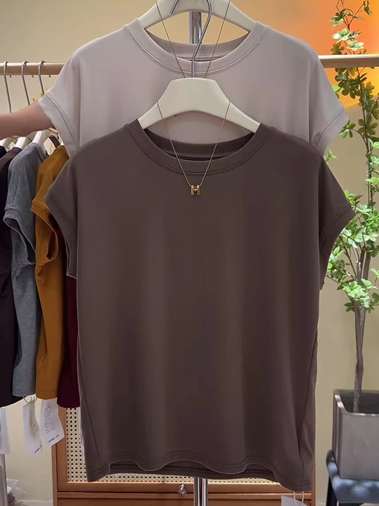 Summer 2025 Women's Slim Fit round Ne T-irt ort Sve Base Layer Top Design Sensation Meat Conceal Small Fly Sve