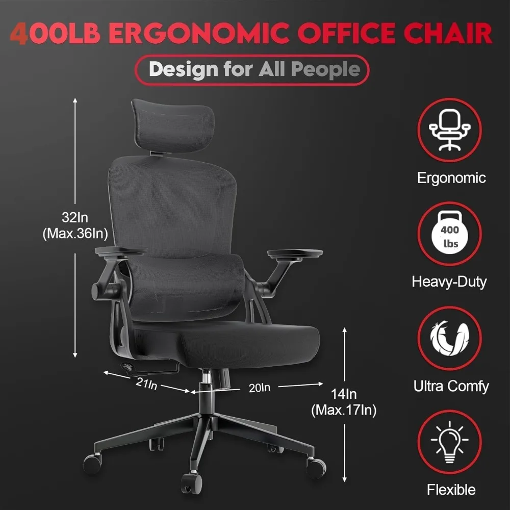 Heavy-Duty Ergonomic Office Chair: Comfortable Desk Chair with Headrest, Lumbar Support, and Mesh Back for Up to 400 lbs