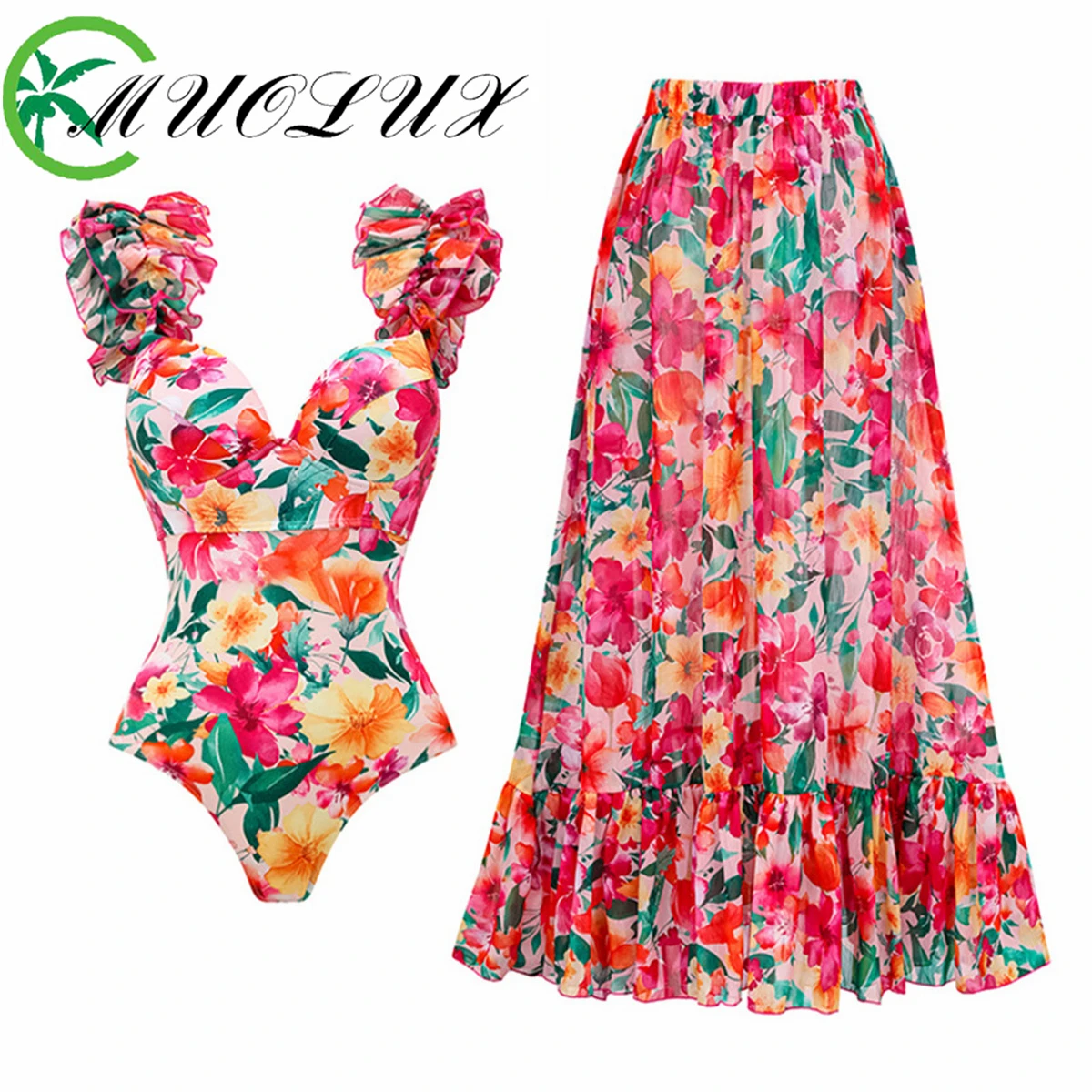 

MUOLUX 2024 New Women's Half Skirt Two-piece Set Fragmented Retro Printed One Piece Swimsuit Fashionable Swimwear