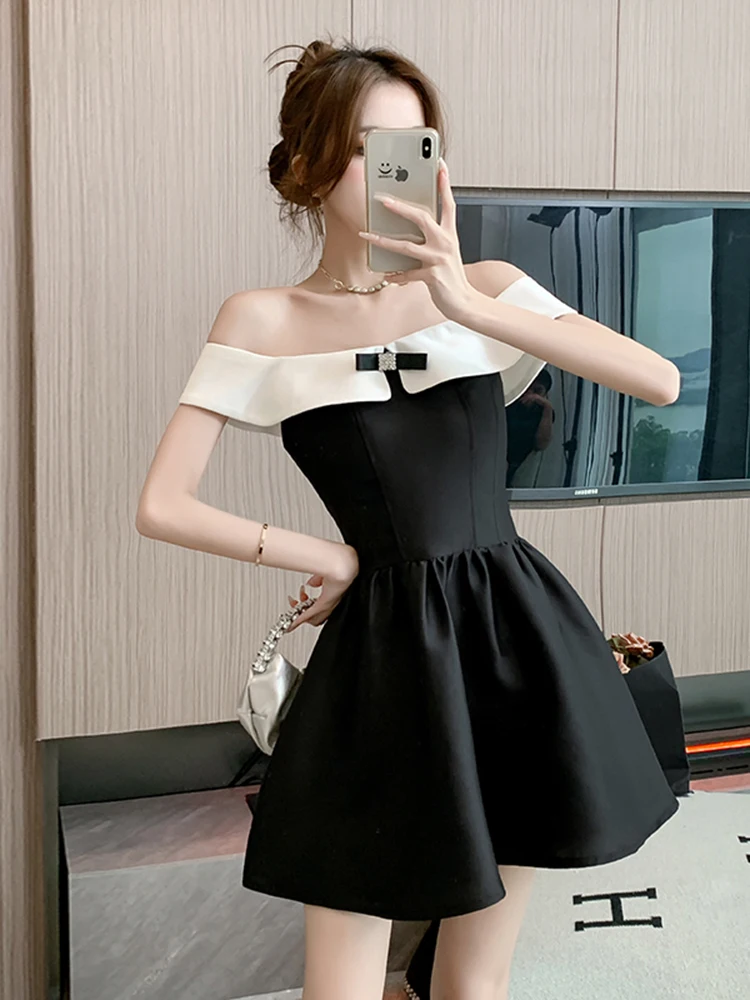 New Sweet Slash Neck Women Dresses A-line Vintage Contrast Color Summer Mini Dress Sexy Korean Fashion Elegant Vestidos