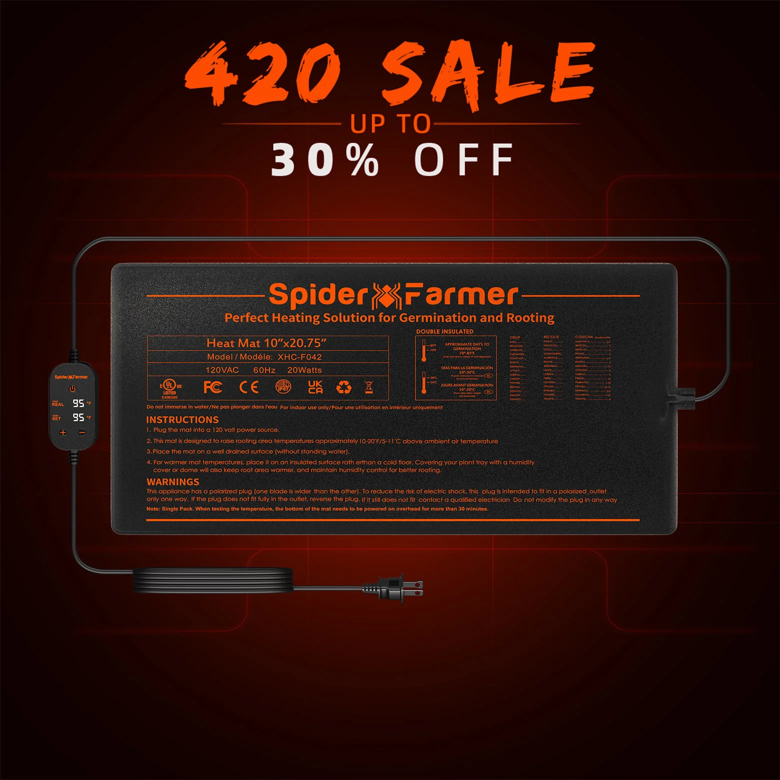 

Spider Farmer 20"/48" Seedling Heat Mat Kit with Digital Thermostat Waterproof Indoor Plant & Hydroponics Growing Combo Set