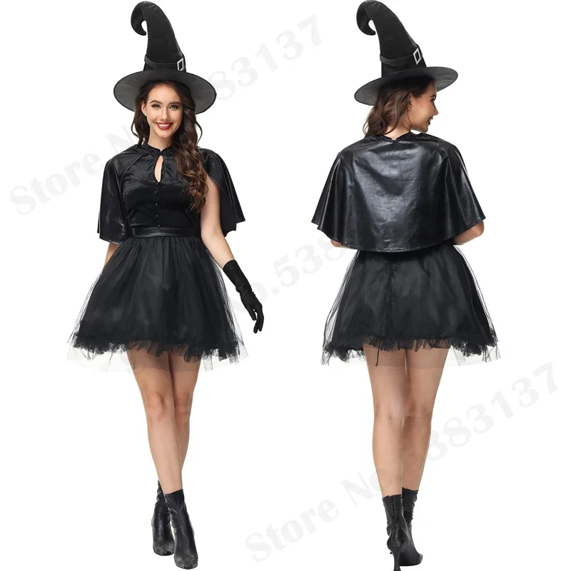 Gothic Black Witch Dress Pointed Hat Cosplay Outfit Women Wizards Vampire Role Play Costume Carnival Halloween Party Fancy Dress