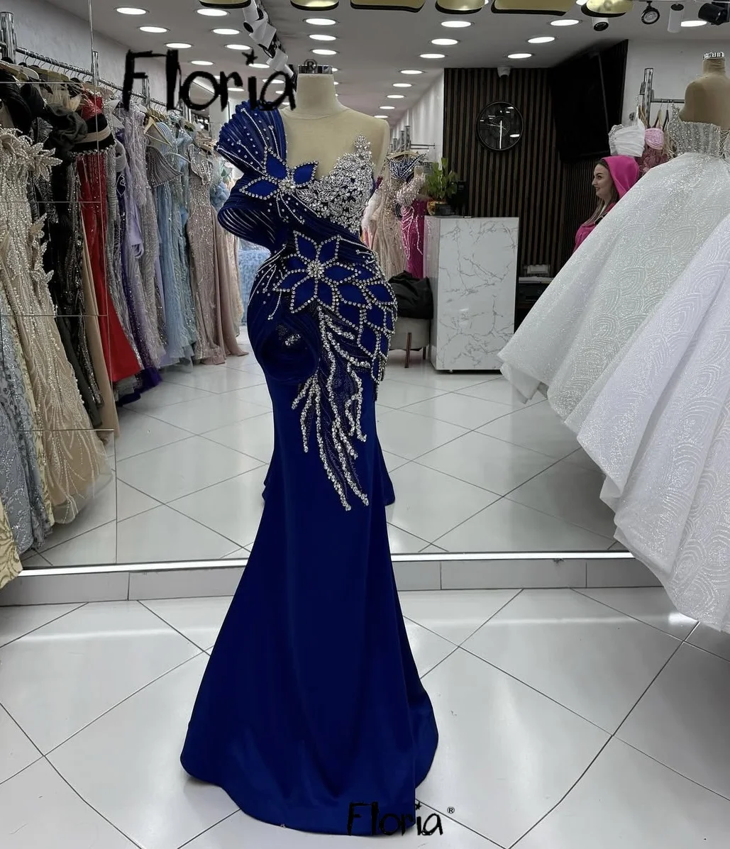 Gaun Biru Royal Satu Bahu Gaun Pesta Prom Satin Bunga Renda 3D Gaun Acara Pernikahan 2025 Gaun Runway Karpet Merah Kristal